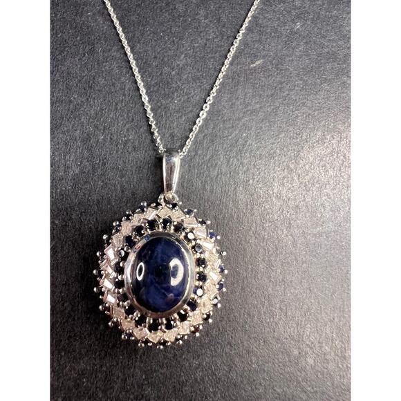 NEW Blue star sapphire and moissanite sterling silver halo pendant necklace - Picture 1 of 14